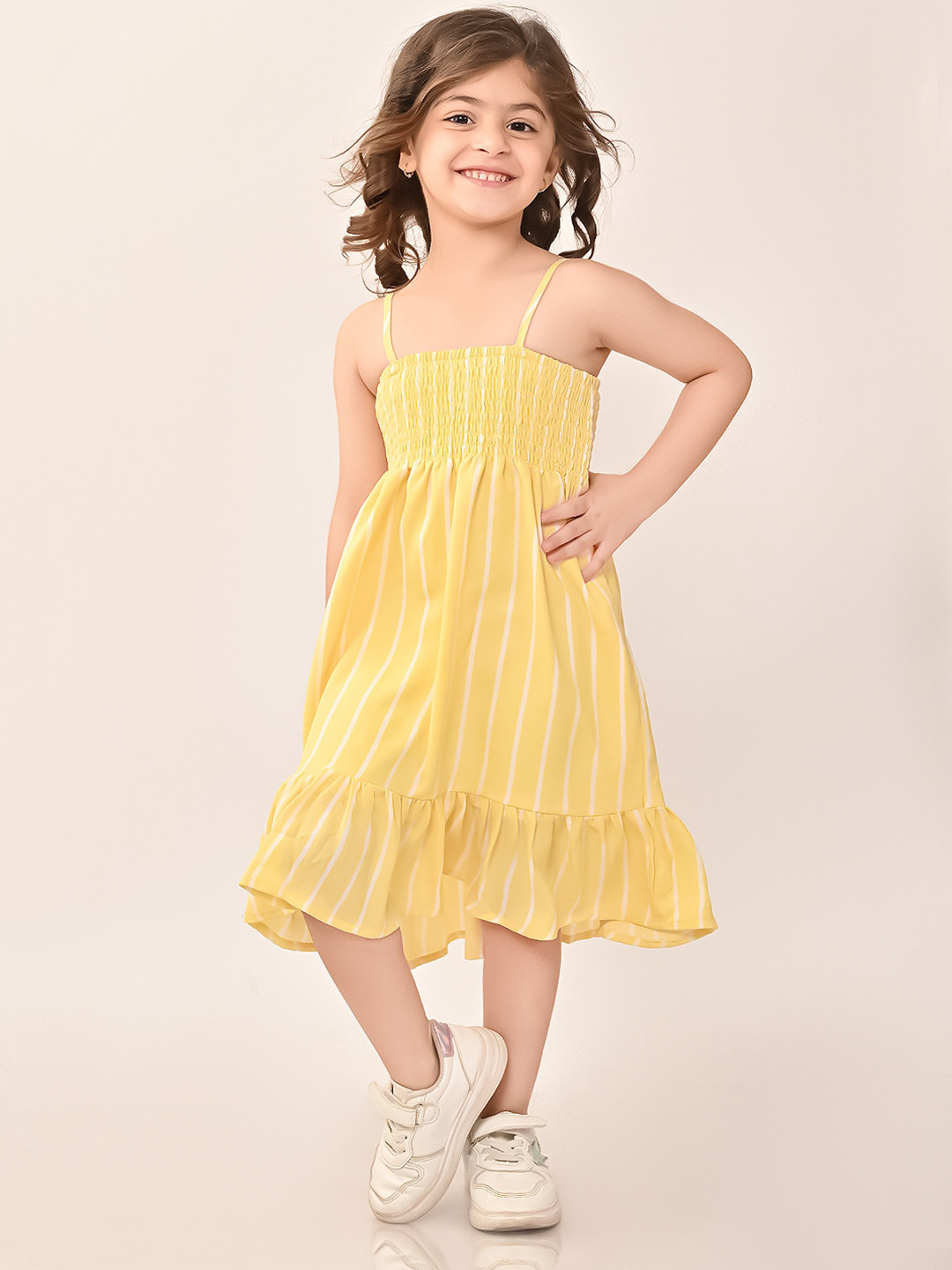

BONKIDS Girls Striped Shoulder Straps Smocked Tiered Cotton A-Line Dress, Yellow