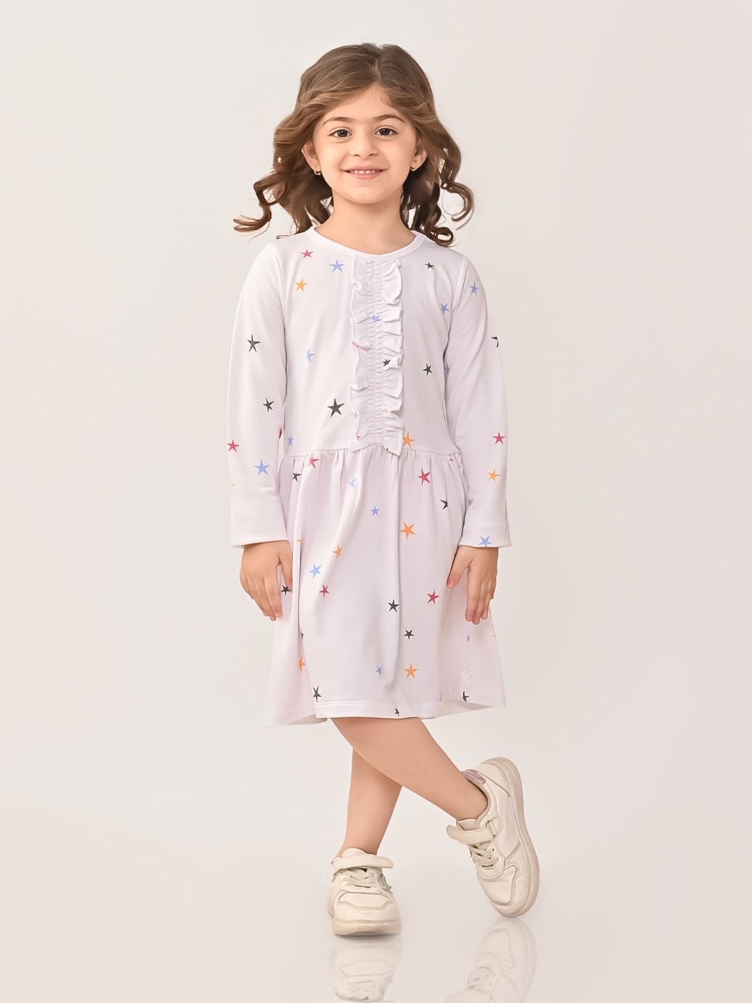 

BONKIDS Girls Geometric Printed Round Neck Gathered Cotton A-Line Dress, White