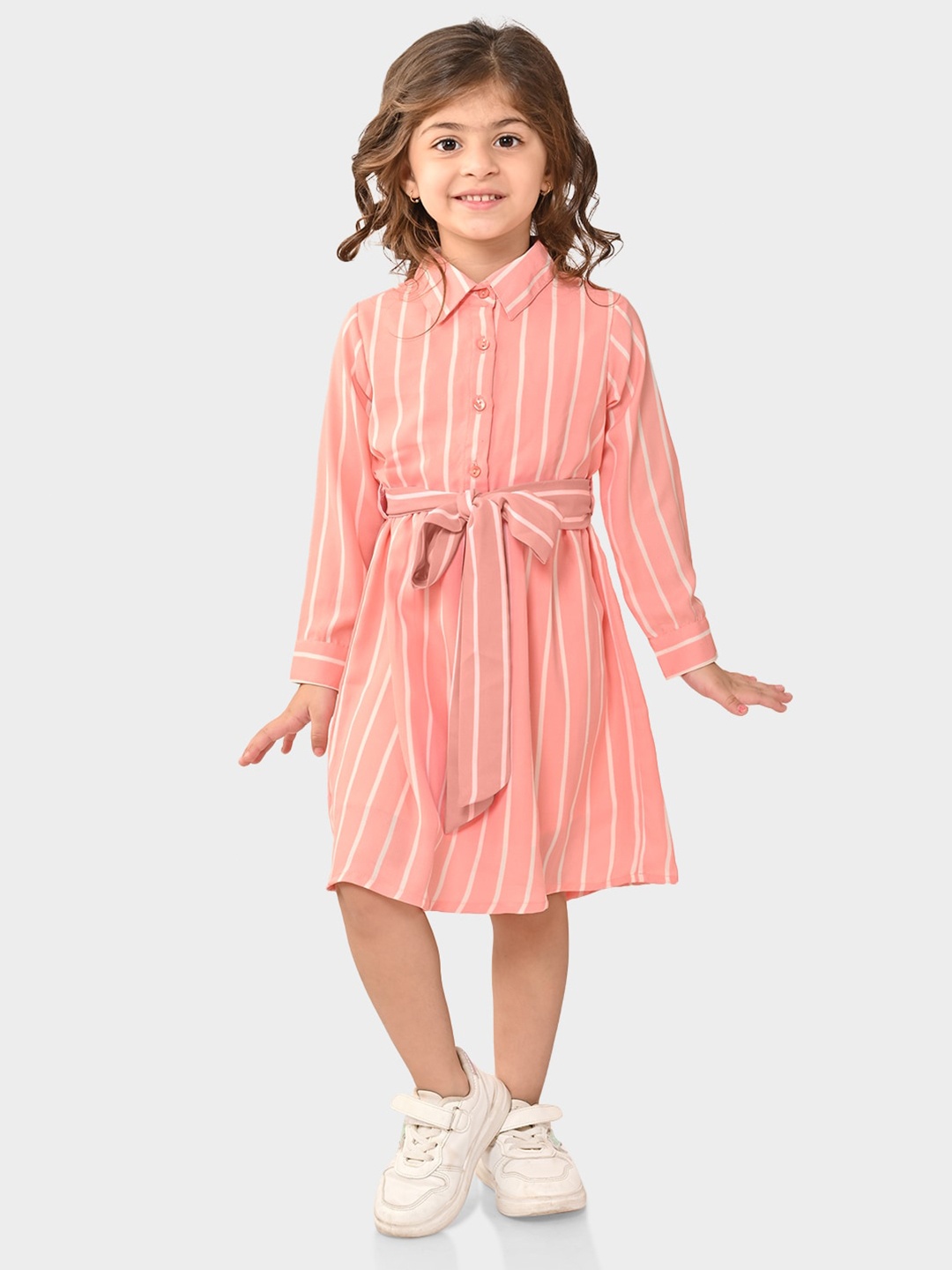 

BONKIDS Girls Striped Shirt Collar Cuffed Sleeve Belted Cotton Shirt Dress, Peach