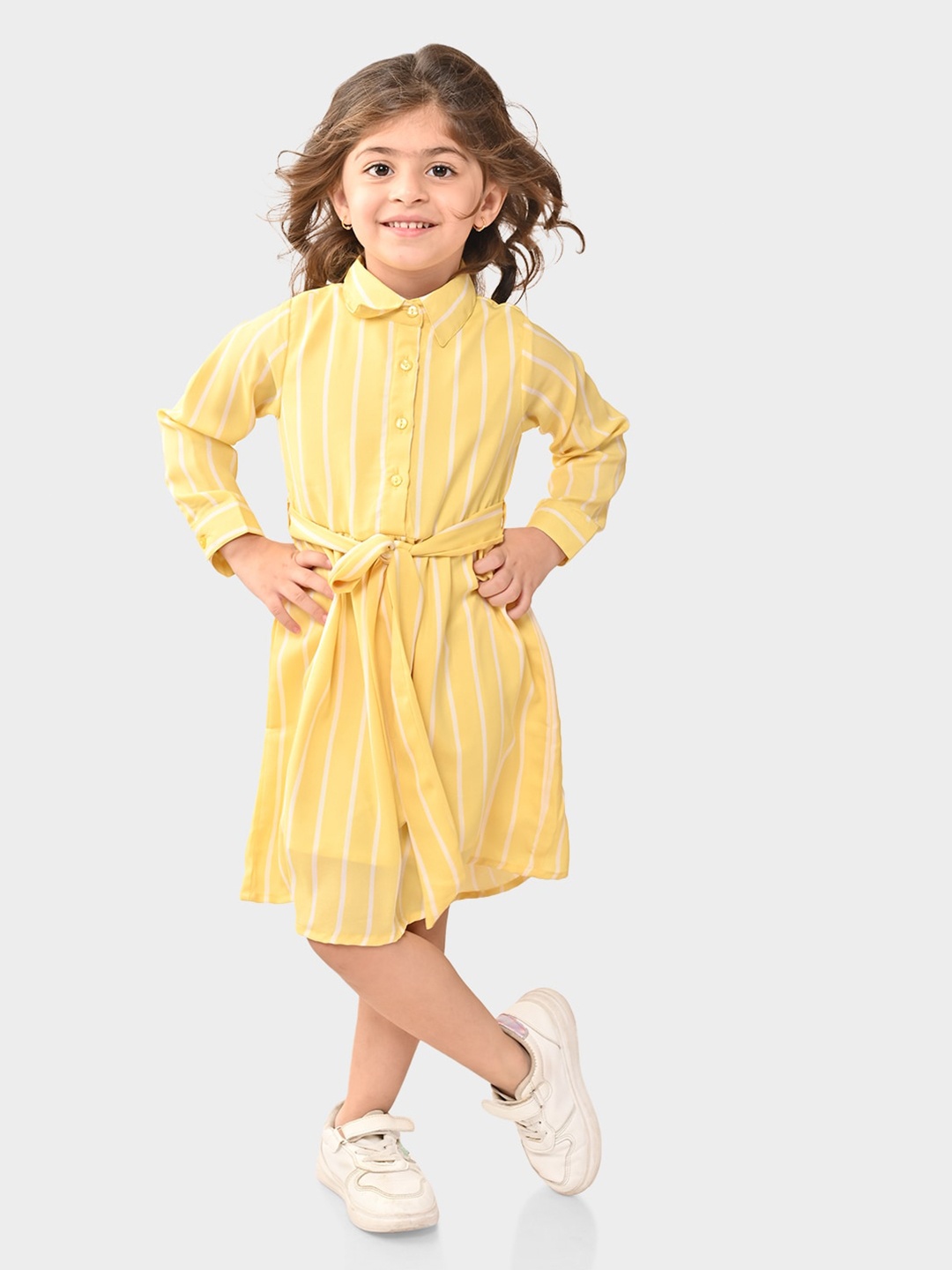 

BONKIDS Girls Striped Shirt Collar Cuffed Sleeve Belted Cotton Shirt Dress, Yellow