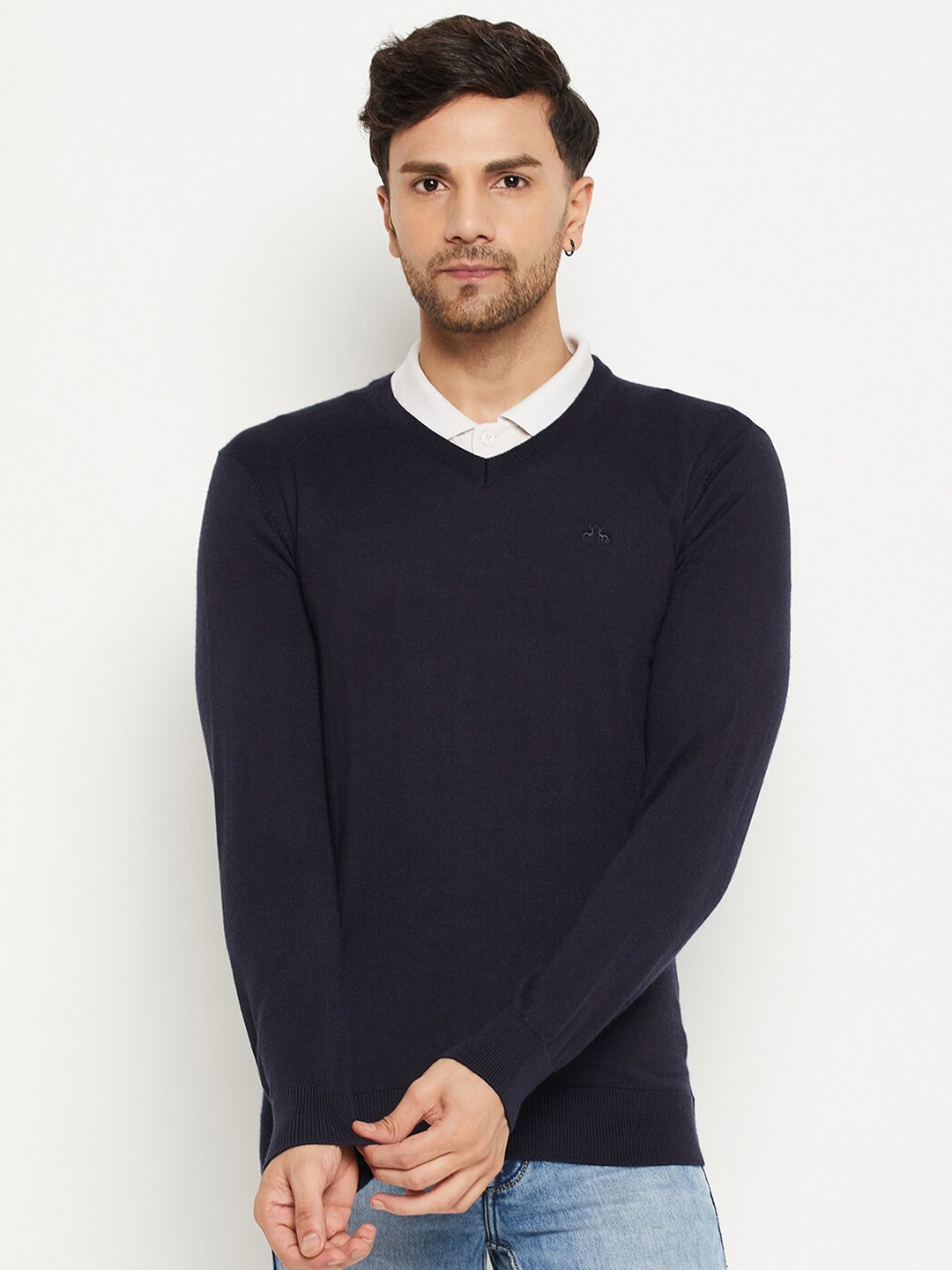 

98 Degree North V-Neck Long Sleeves Wool Pullover Sweater, Navy blue