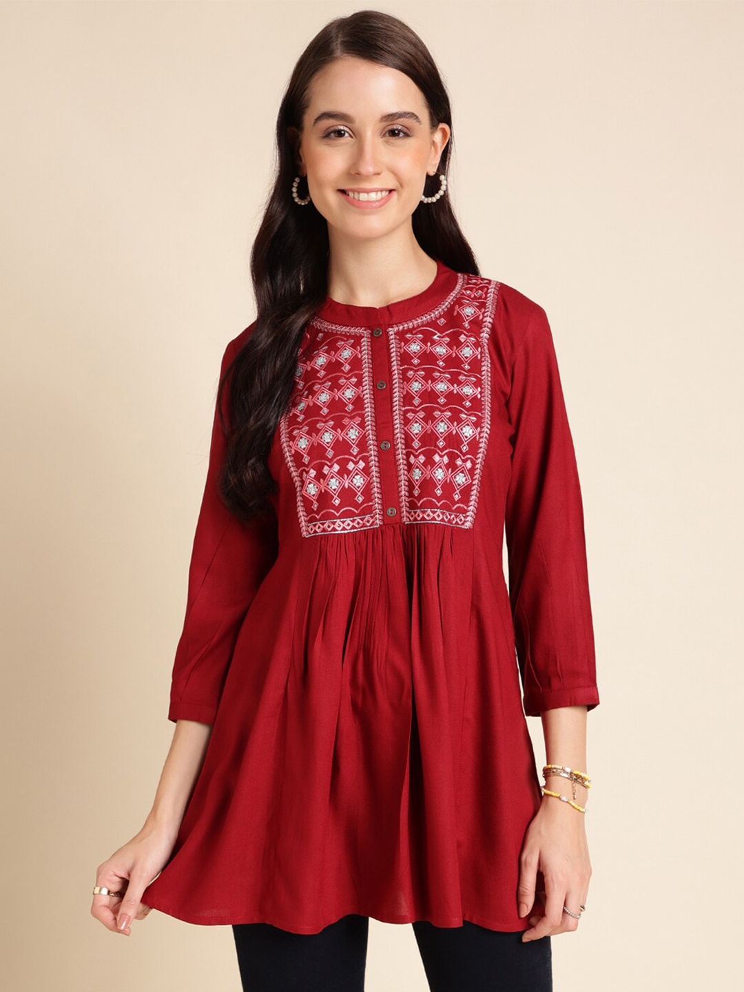 

Sangria Red Floral Embroidered Pleated A-Line Kurti