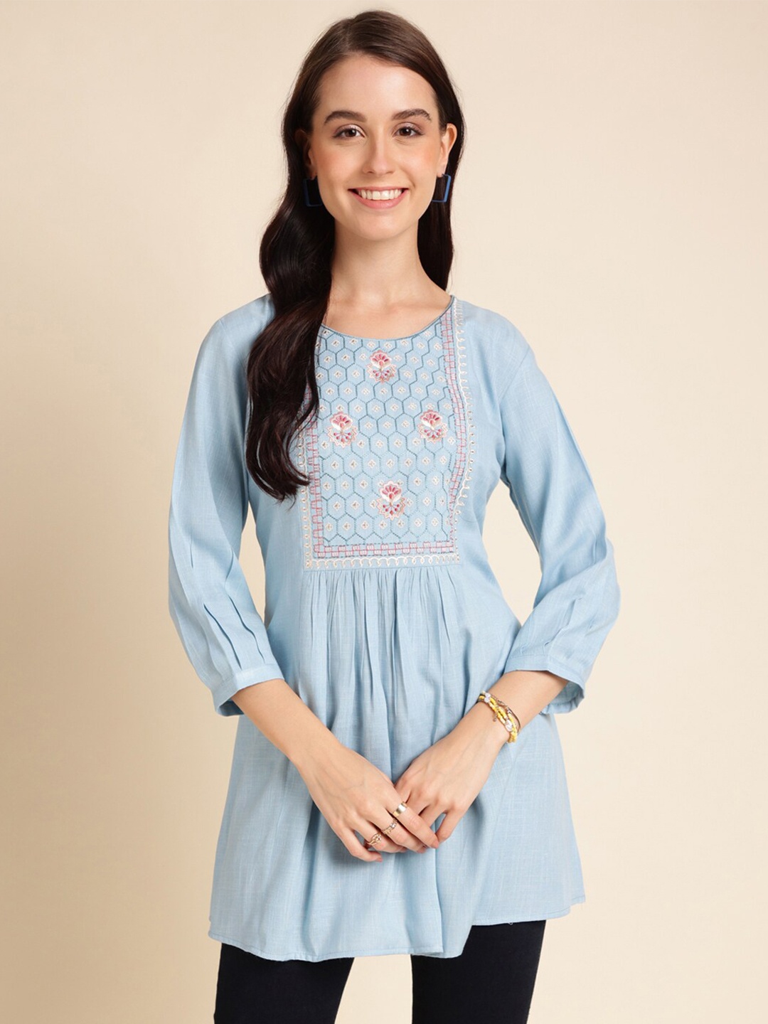 

Sangria Blue Floral Embroidered Pleated A-Line Kurti