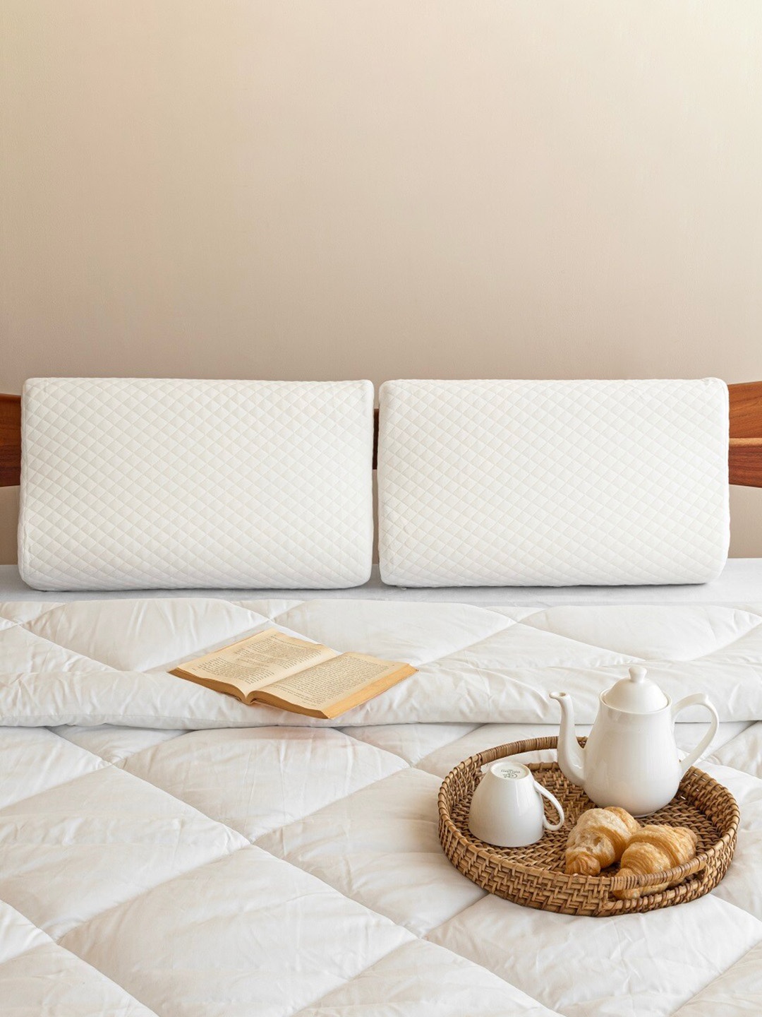 

HOMEMONDE White 2 Pieces Self-Design Cotton Sleep Pillows