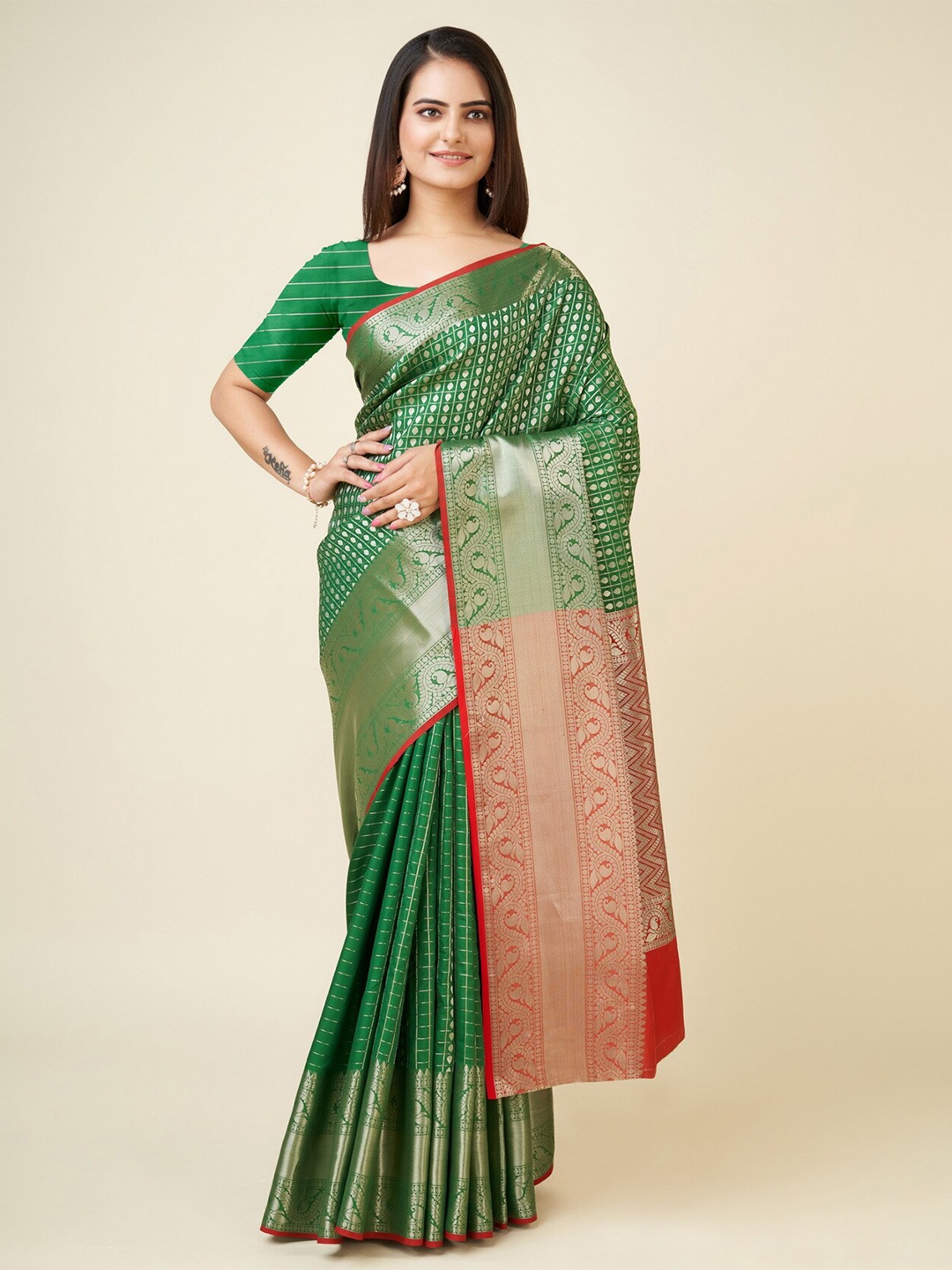 

RAJ DHARMA SILK Ethnic Motifs Woven Design Zari Banarasi Saree, Green