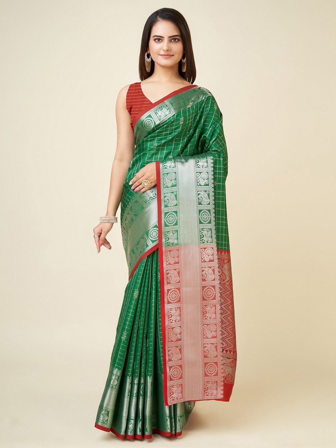 

RAJ DHARMA SILK Ethnic Motifs Woven Design Zari Banarasi Saree, Green