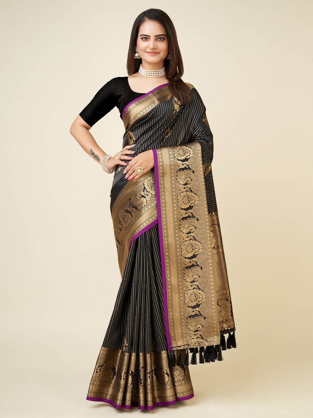 

RAJ DHARMA SILK Striped Zari Banarasi Saree, Black