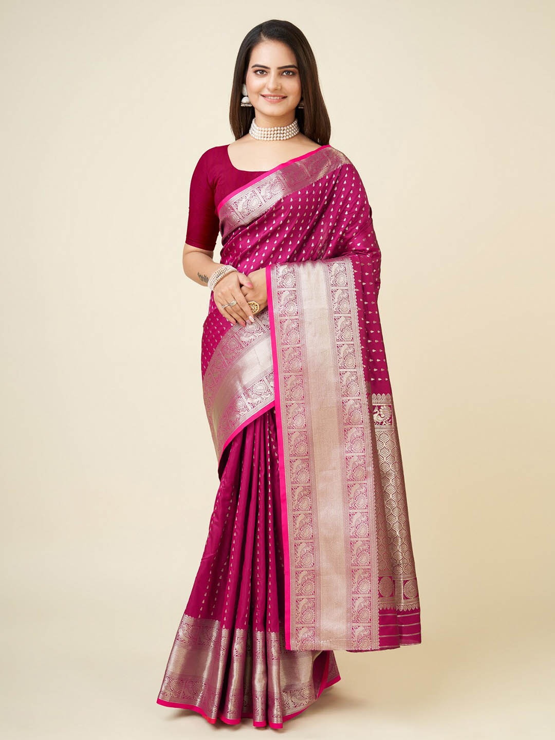 

RAJ DHARMA SILK Ethnic Motifs Woven Design Zari Banarasi Saree, Pink