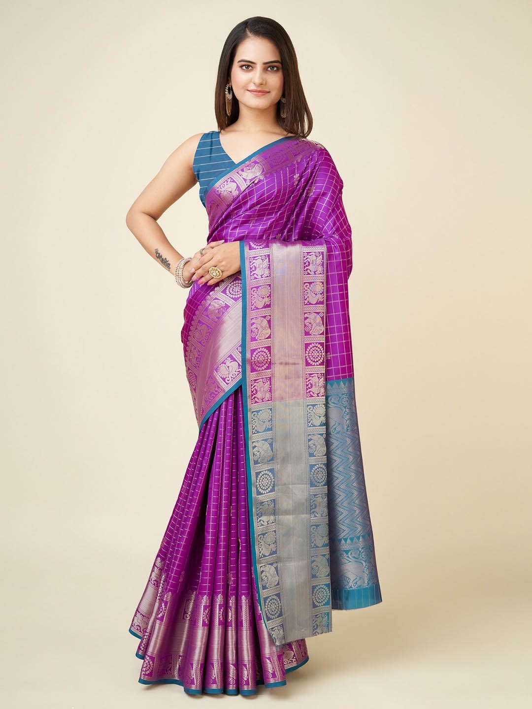 

RAJ DHARMA SILK Checked Zari Banarasi Saree, Purple