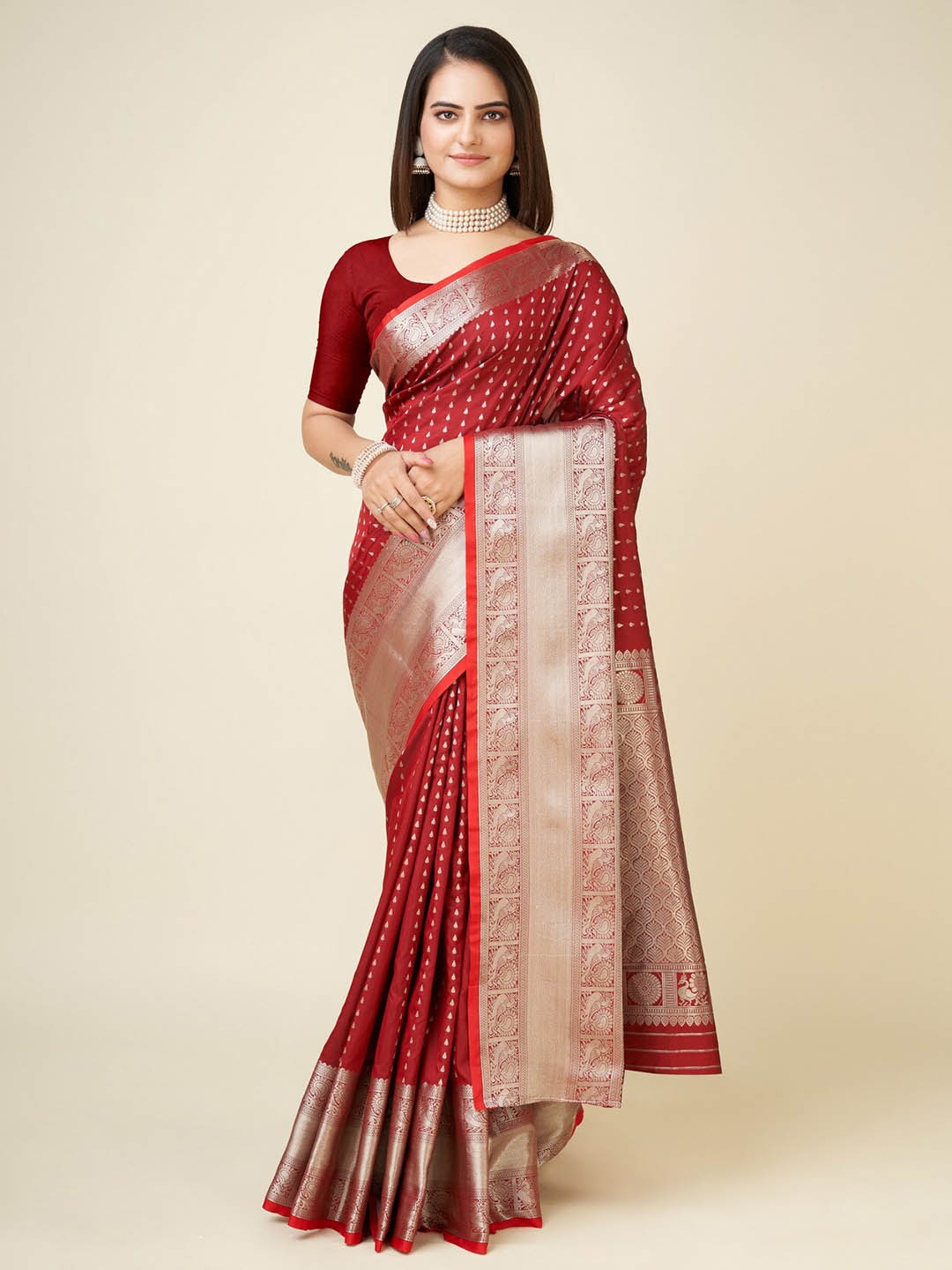 

RAJ DHARMA SILK Ethnic Motifs Woven Design Zari Banarasi Saree, Red