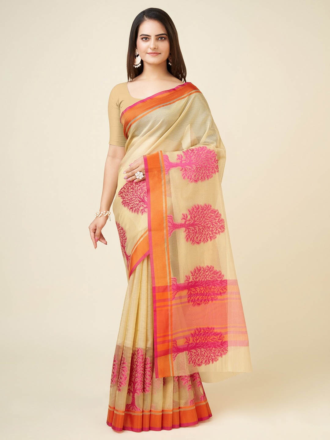 

RAJ DHARMA SILK Ethnic Motif Woven Design Zari Organza Banarasi Saree, Cream