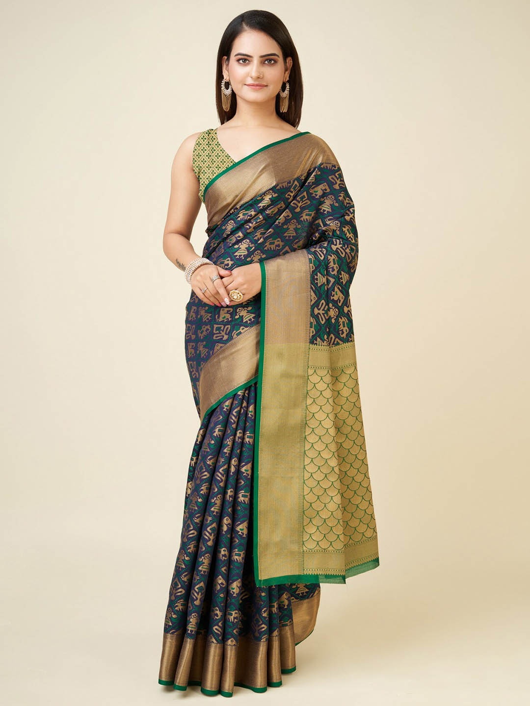 

RAJ DHARMA SILK Navy Ethnic Motifs Woven Design Zari Banarasi Saree, Navy blue