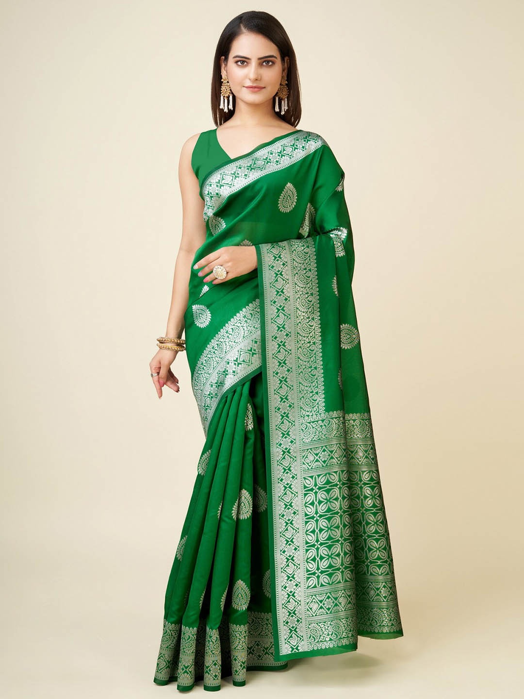 

RAJ DHARMA SILK Ethnic Motif Woven Design Zari Banarasi Saree, Green