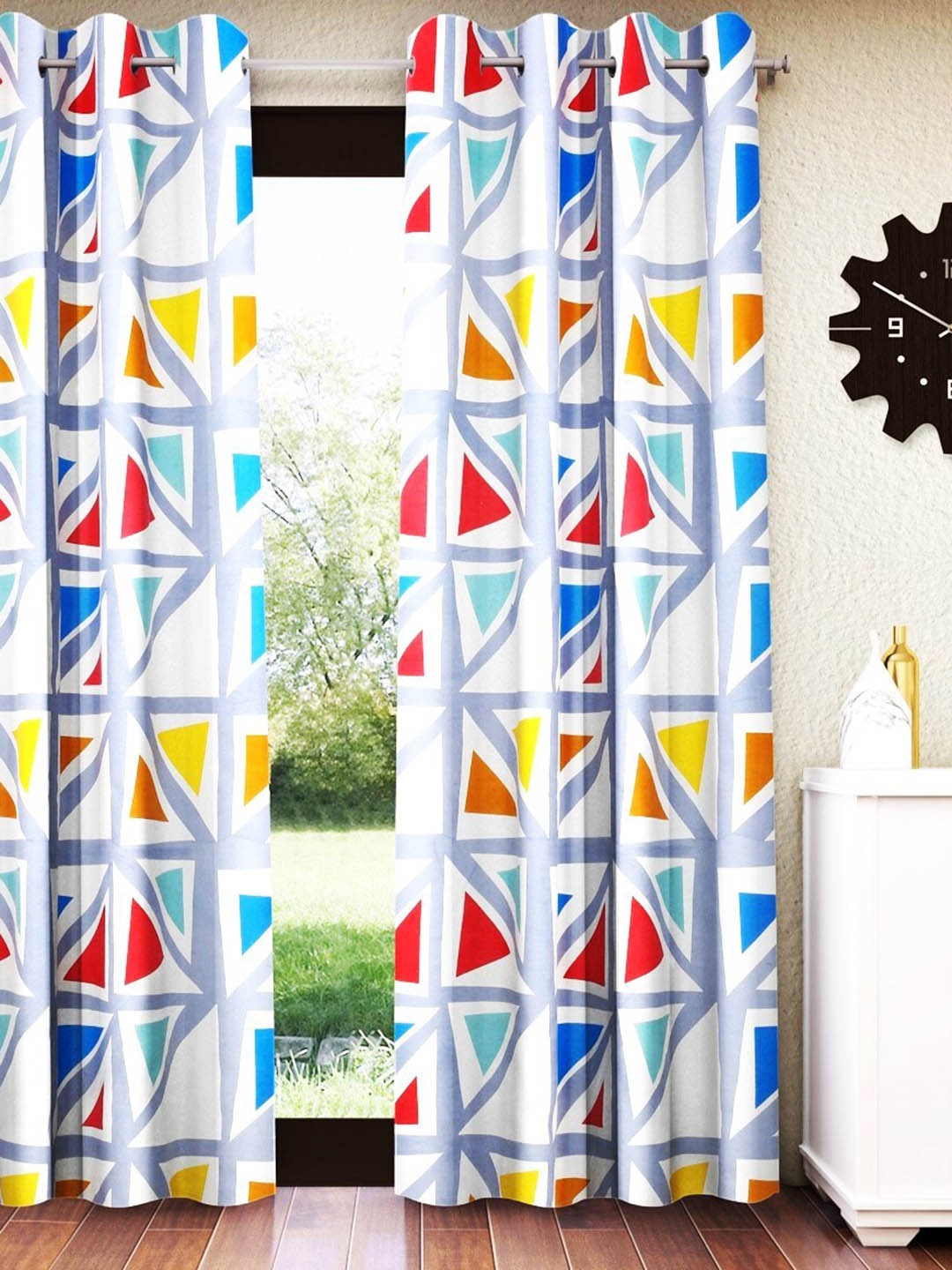 

Home Sizzler White & Blue Geometric Pure Cotton Room Darkening Window