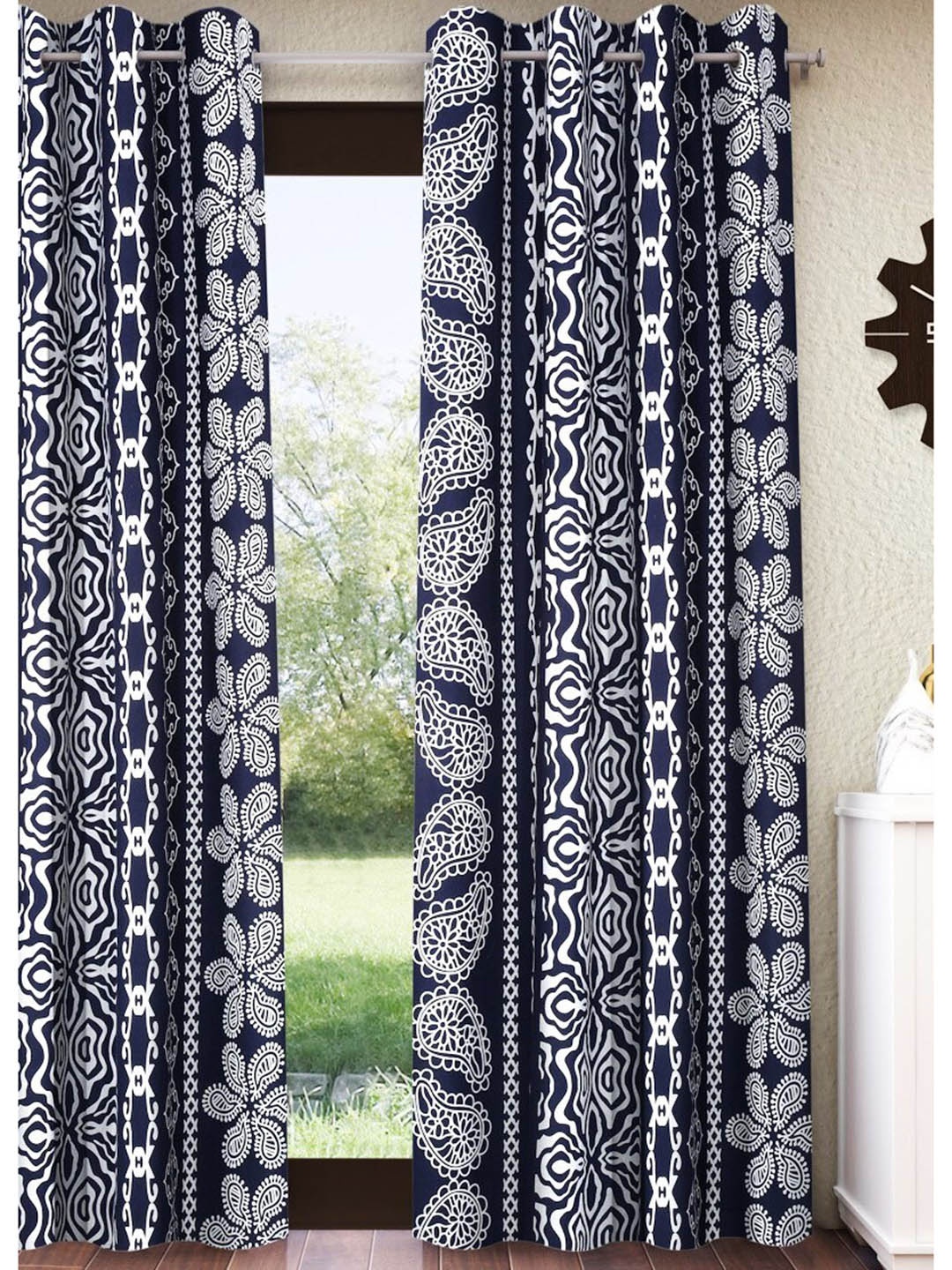

Home Sizzler Navy Blue & White Ethnic Motifs Room Darkening Window Curtain