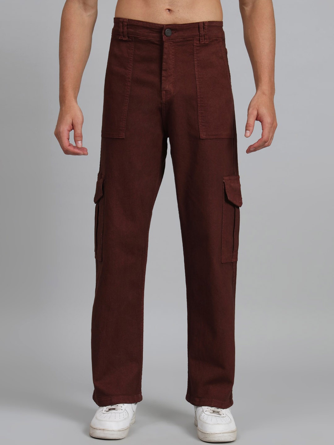 

PEPLOS Men Loose Wide Leg Mid-Rise Clean Look Cotton Jeans, Brown