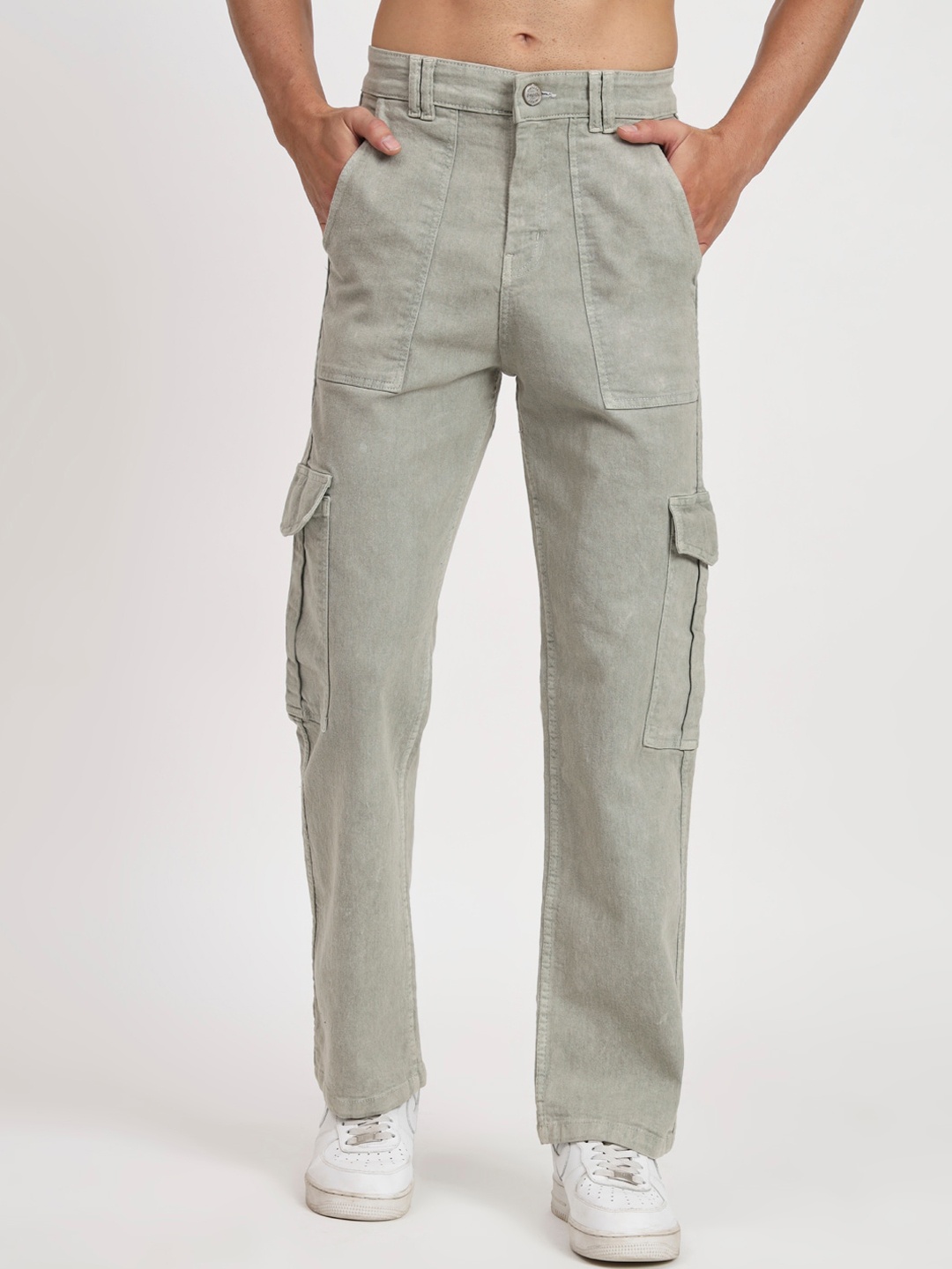 

PEPLOS Men Loose Wide Leg Clean Look Cotton Cargo Jeans, Grey