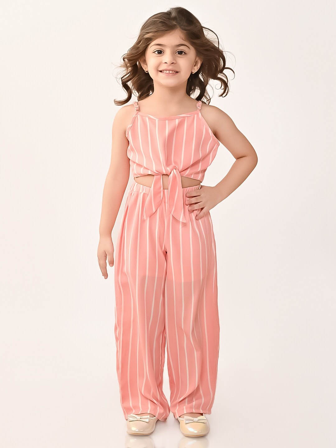 

BONKIDS Girls Striped Pure Cotton Top with Trousers, Peach