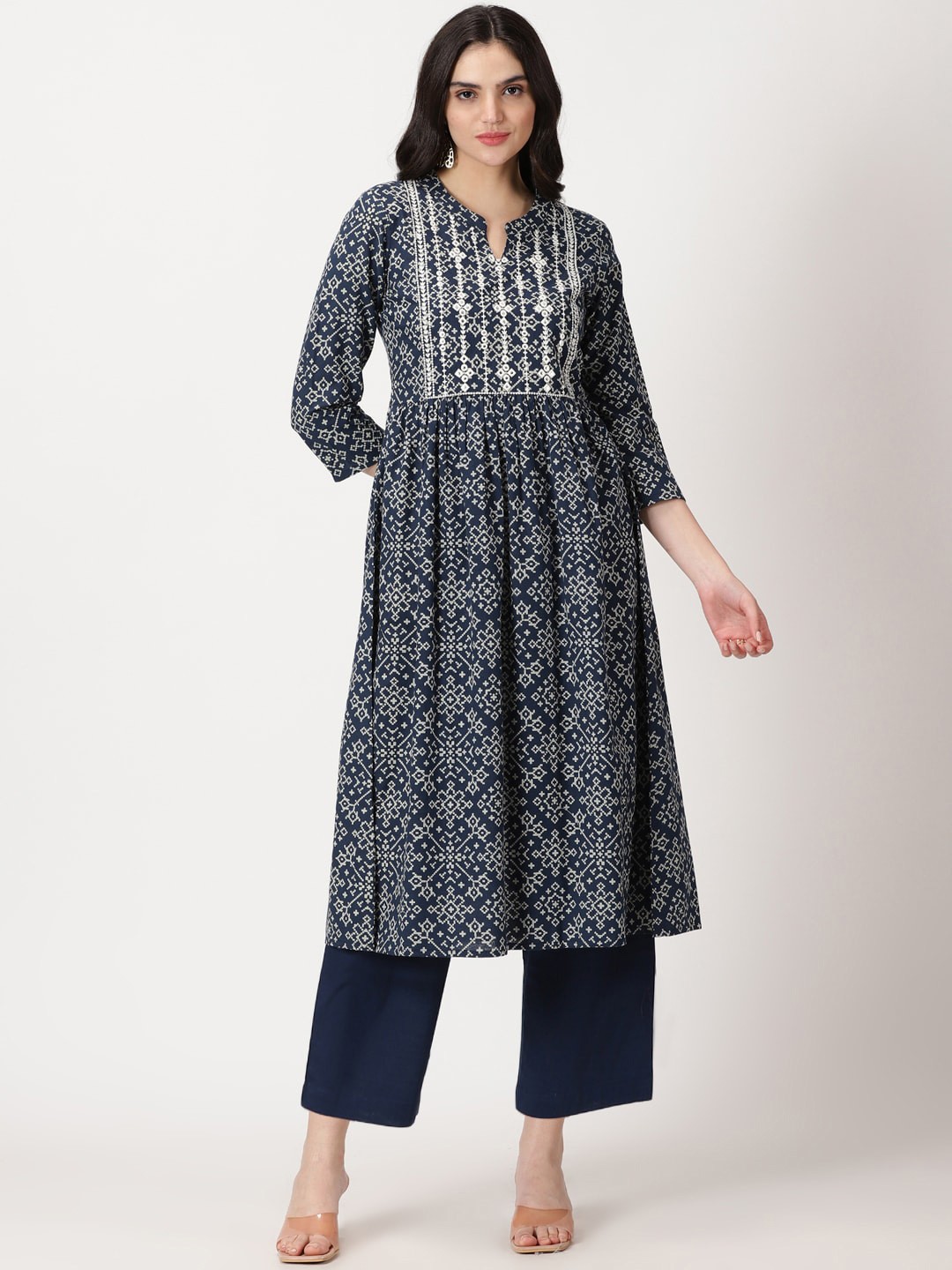

Saffron Threads Patola Print Yoke Embroidery Cotton A-line Kurta, Navy blue