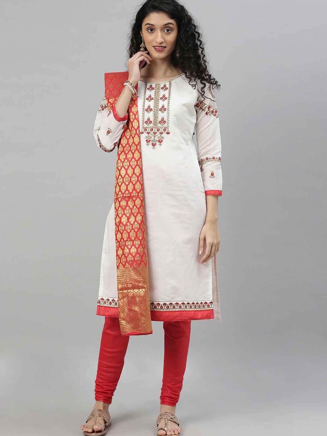 

DIVASTRI Ethnic Motifs Embroidered Chanderi Cotton Unstitched Dress Material, White