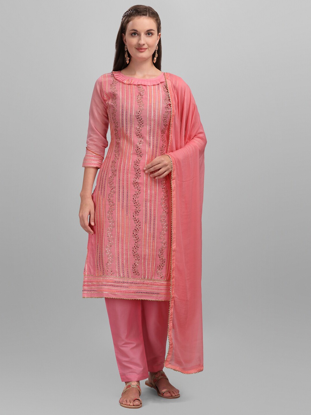 

DIVASTRI Striped Embroidered Beads & Stones Unstitched Dress Material, Pink