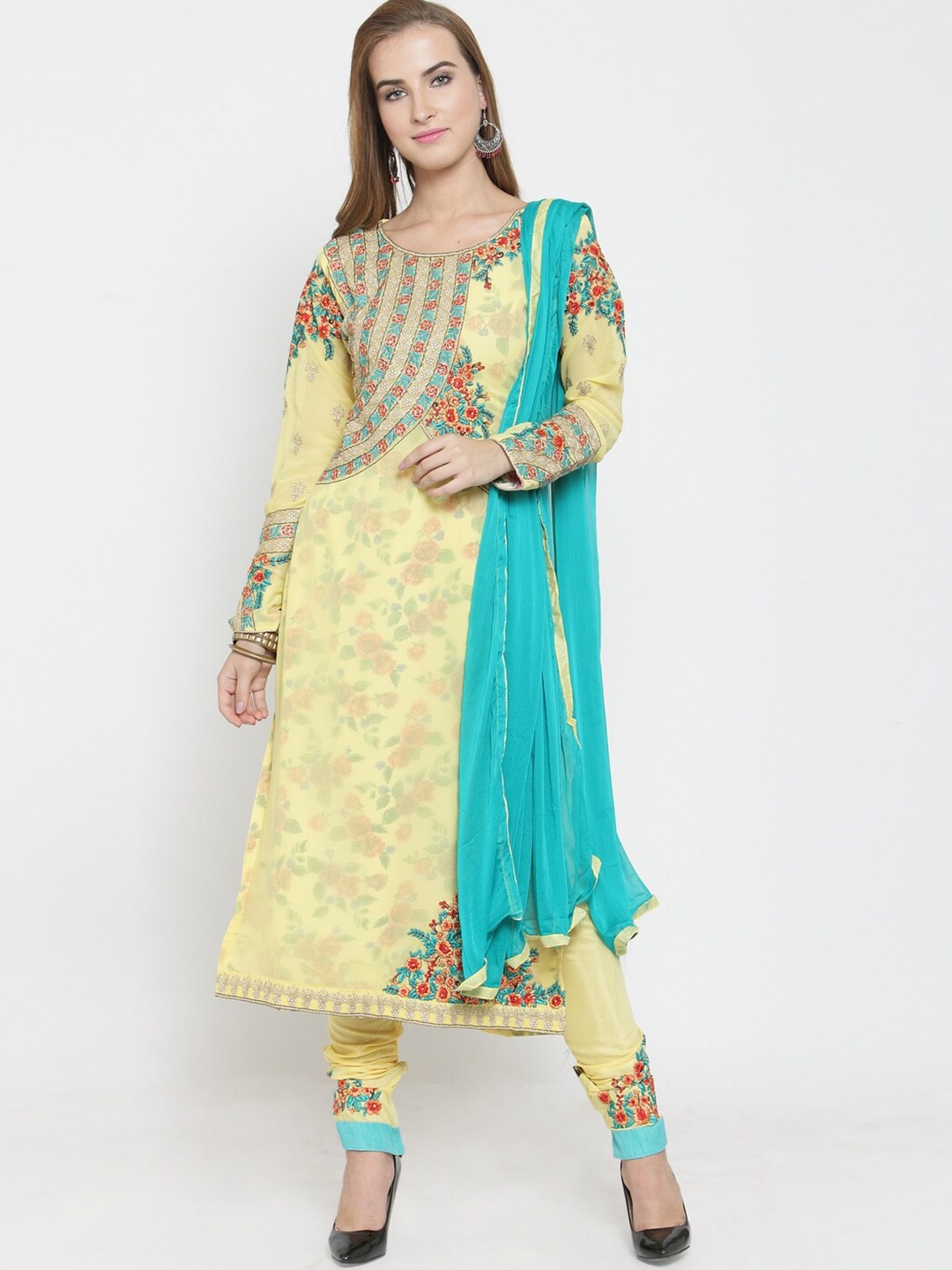 

DIVASTRI Floral Embroidered Zari Unstitched Dress Material, Yellow