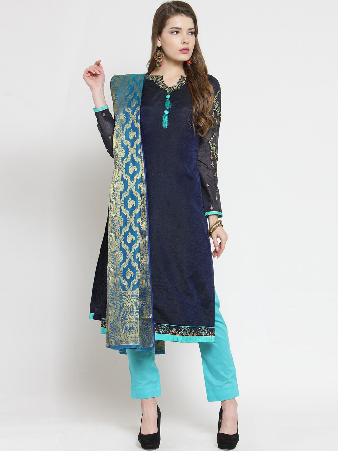 

DIVASTRI Floral Embroidered Unstitched Dress Material, Navy blue
