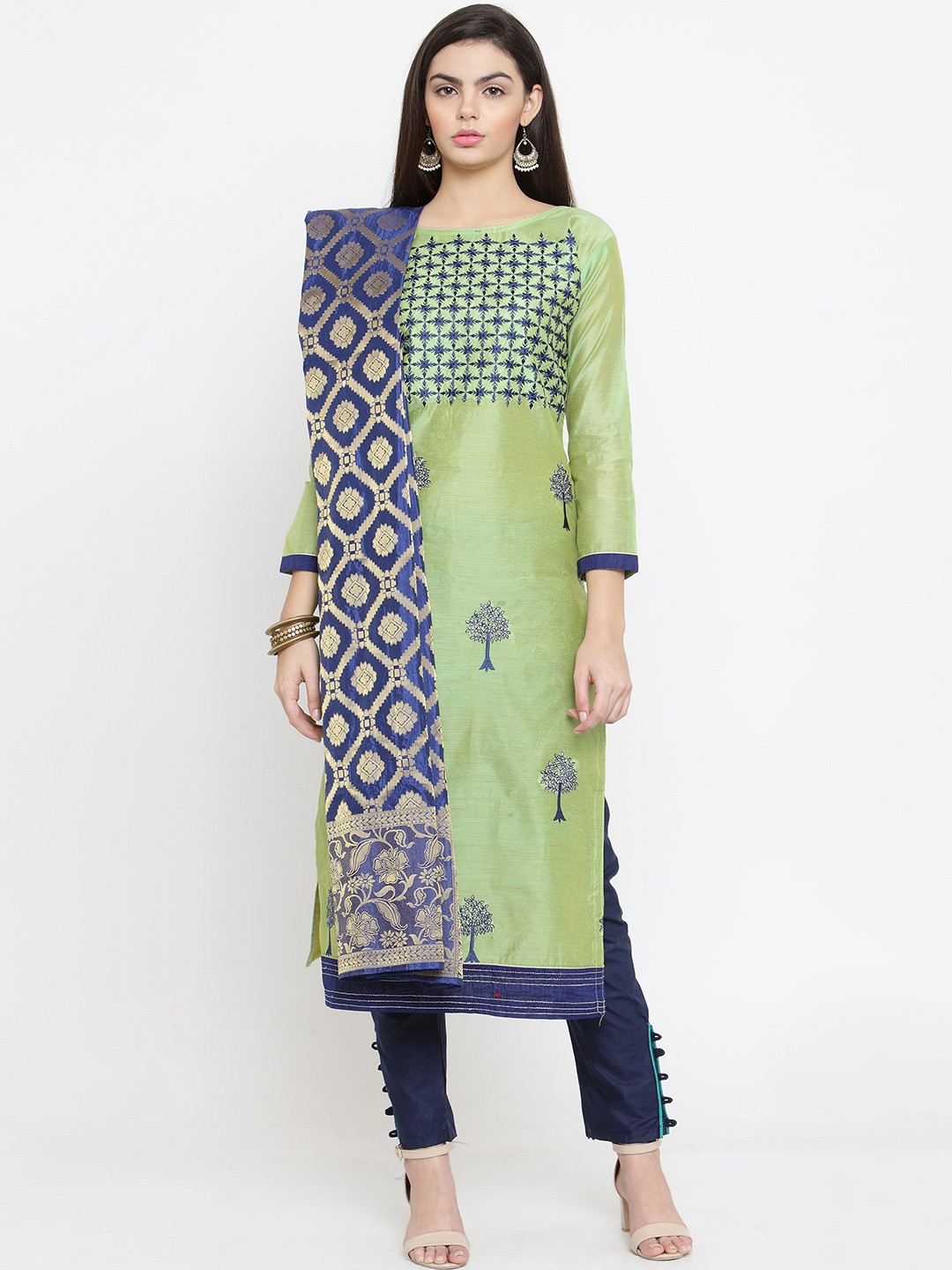 

DIVASTRI Floral Embroidered Unstitched Dress Material, Green
