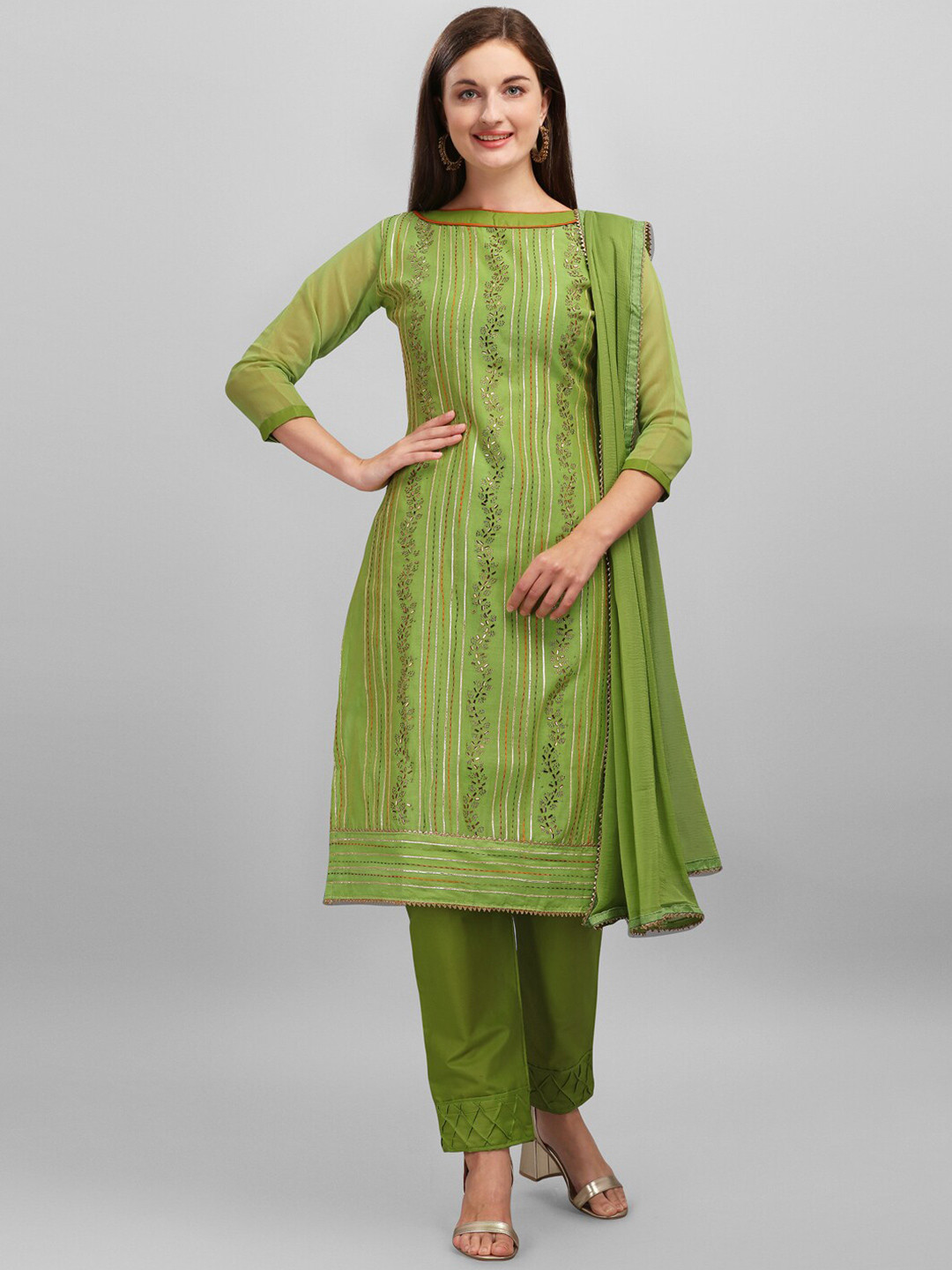 

DIVASTRI Embellished Beads and Stones Unstitched Dress Material, Green
