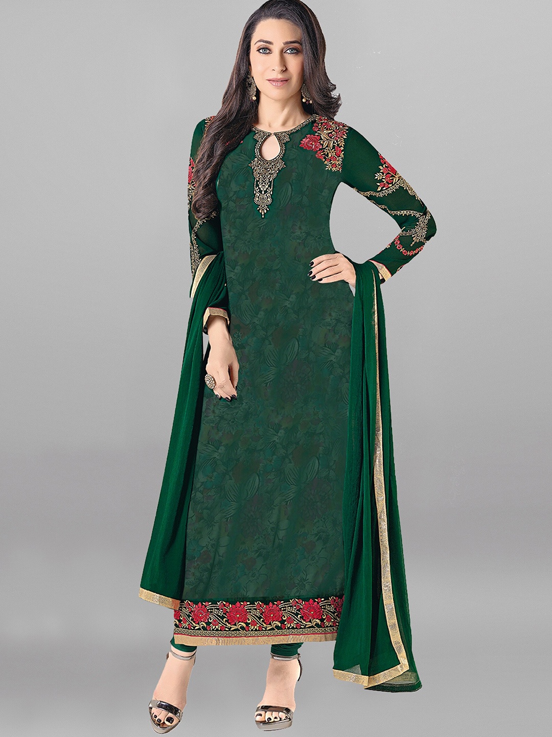 

DIVASTRI Ethnic Motifs Embroidered Georgette Unstitched Dress Material, Green