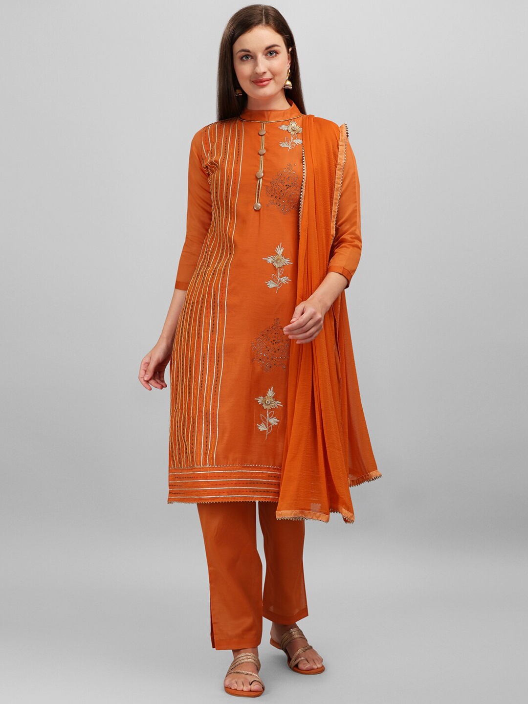 

DIVASTRI Floral Embroidered Beads and Stones Unstitched Dress Material, Orange