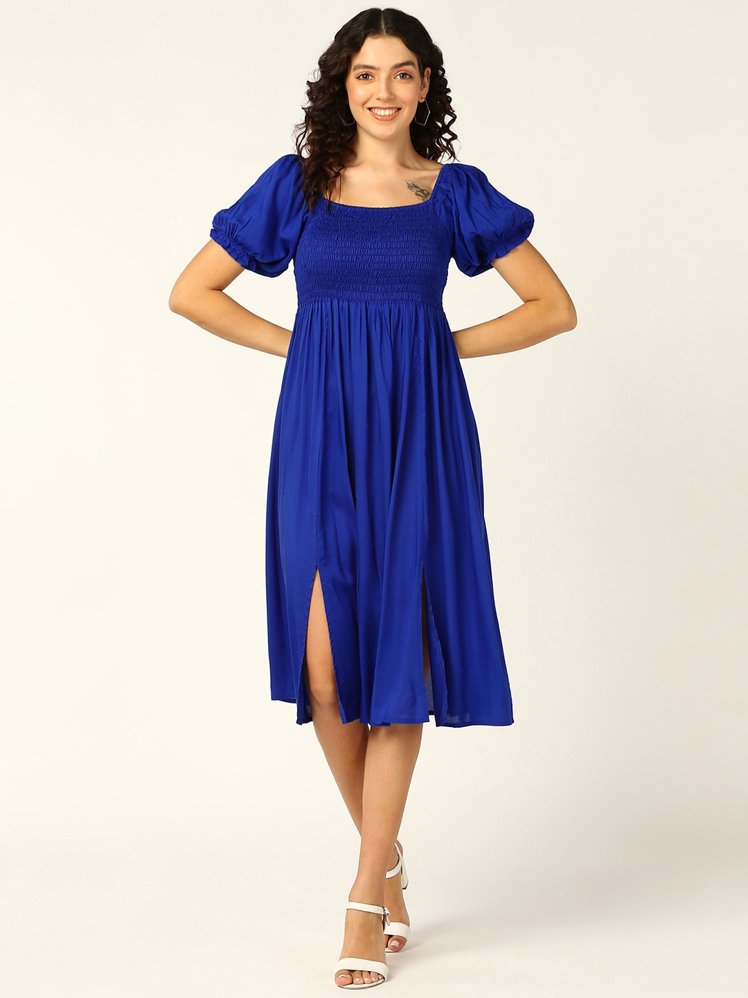 

Mast & Harbour Puff Sleeves Smocked Empire Midi Dress, Blue