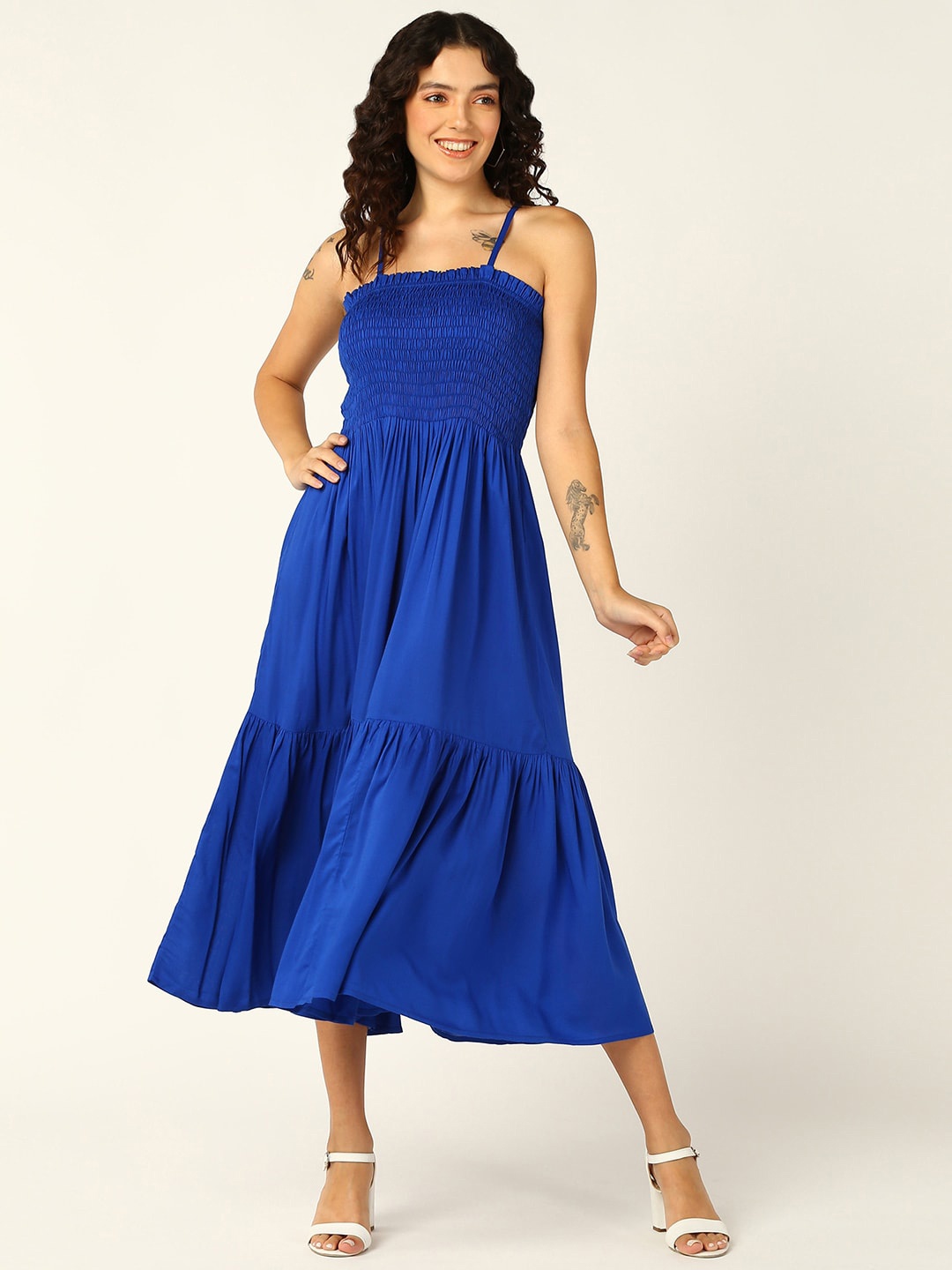 

Mast & Harbour Shoulder Straps Smocked Fit & Flare Midi Dress, Blue