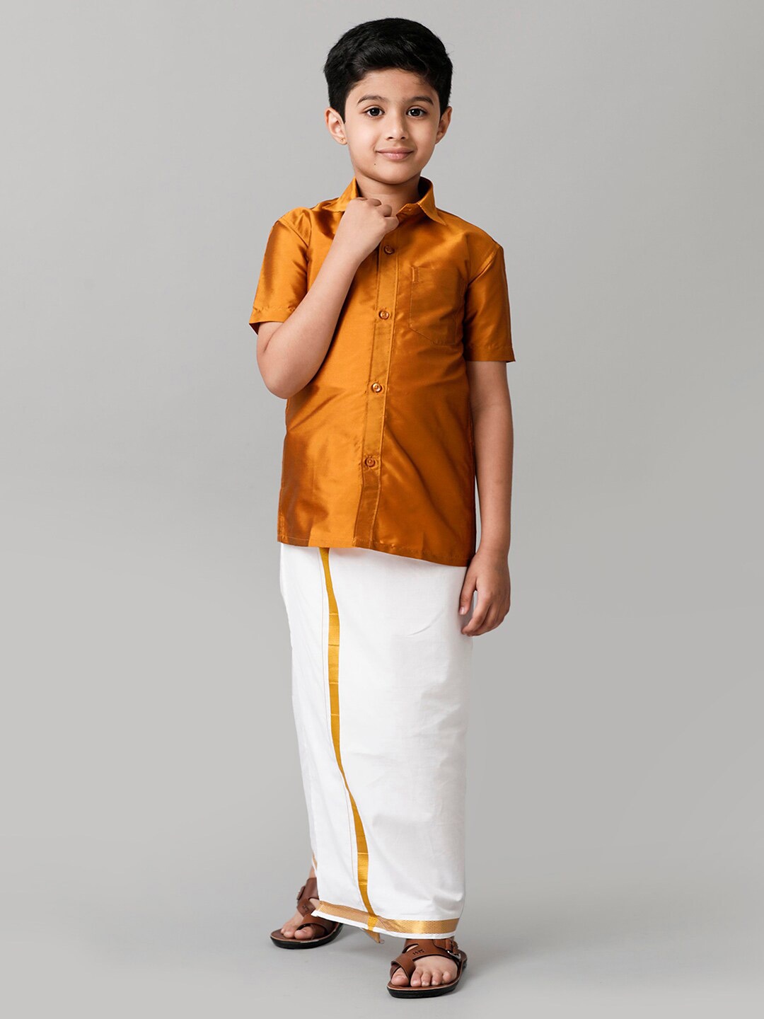

Ramraj Boys Spread Collar Shirt With Adjustable Veshti, Mustard