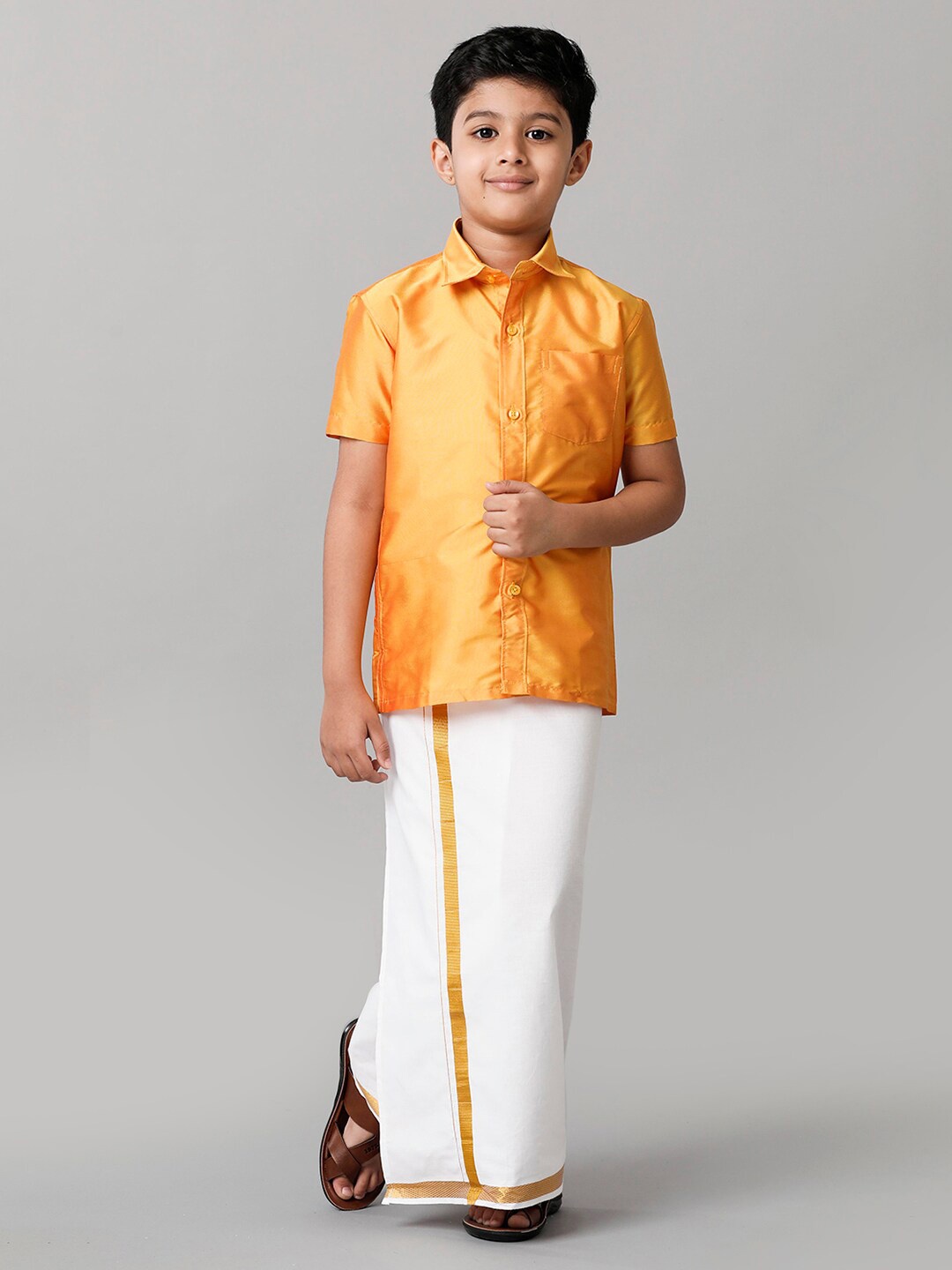 

Ramraj Boys Shirt With Adjustable Veshti Clothing Set, Orange