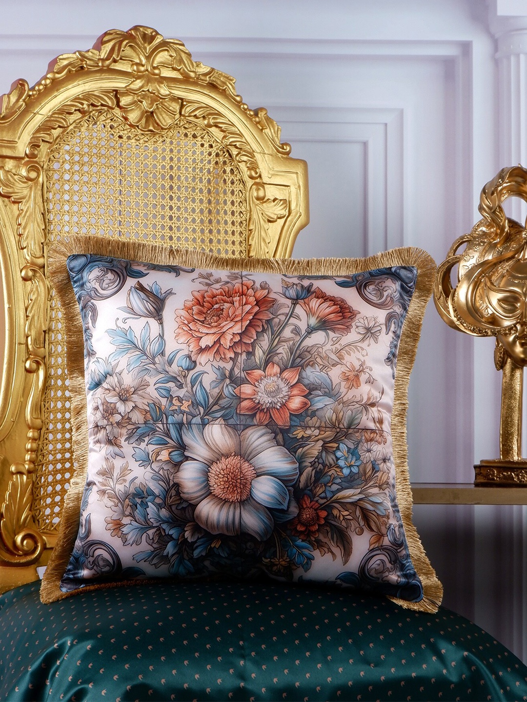 

THE WHITE INK DECOR Grey & White Floral Satin Square Cushion Cover