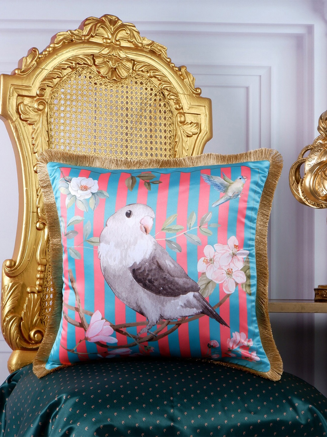 

THE WHITE INK DECOR Blue & Pink Tropical Satin Square Cushion Cover
