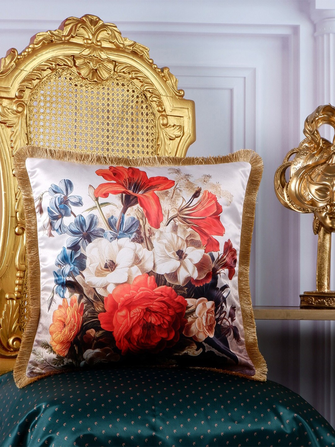 

THE WHITE INK DECOR White & Red Floral Satin Square Cushion Cover
