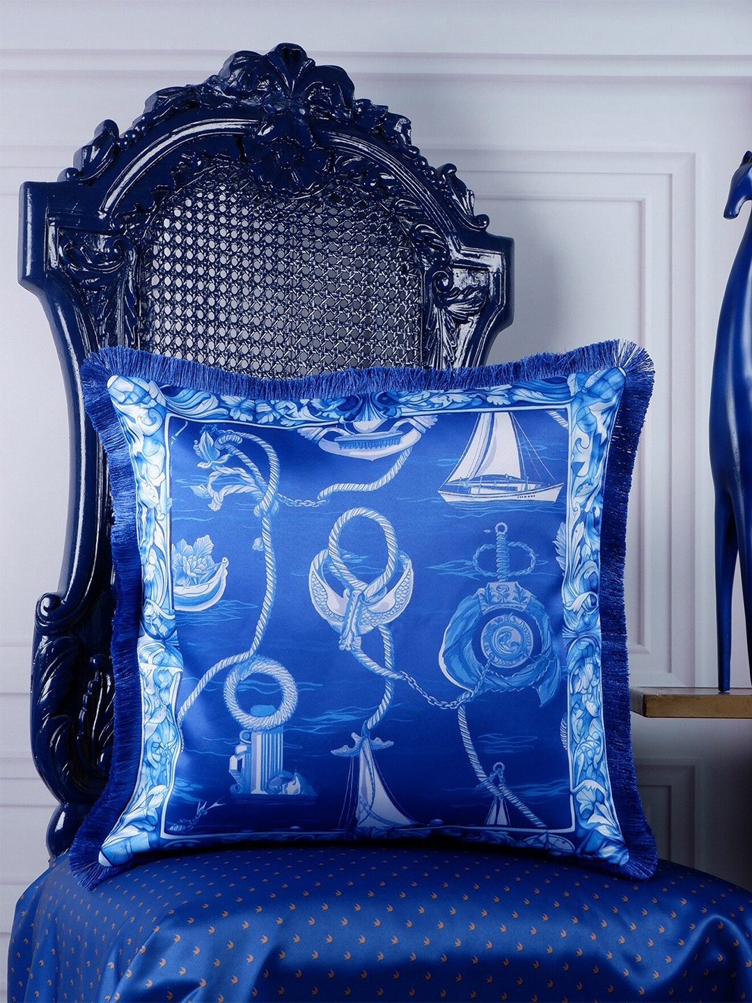 

THE WHITE INK DECOR Blue Satin Square Cushion Cover