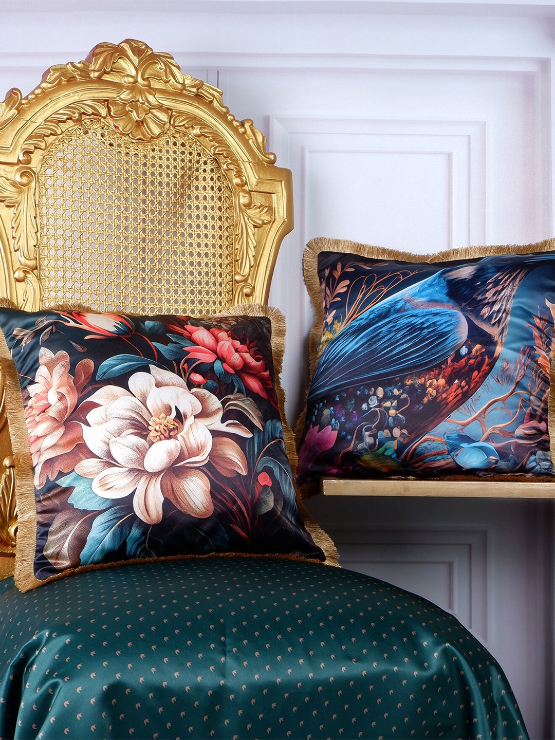 

THE WHITE INK DECOR 2 Pcs Pink & Blue Tropical Satin Square Cushion Covers