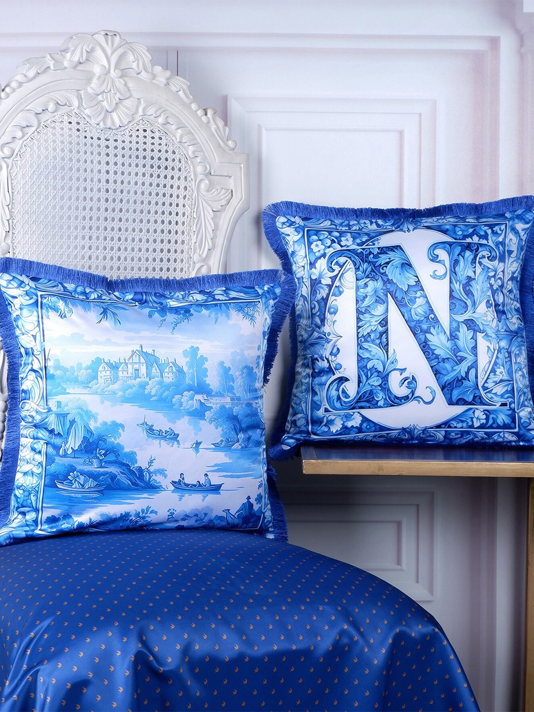 

THE WHITE INK DECOR 2 Pcs Blue & White Ethnic Motifs Satin Square Cushion Covers