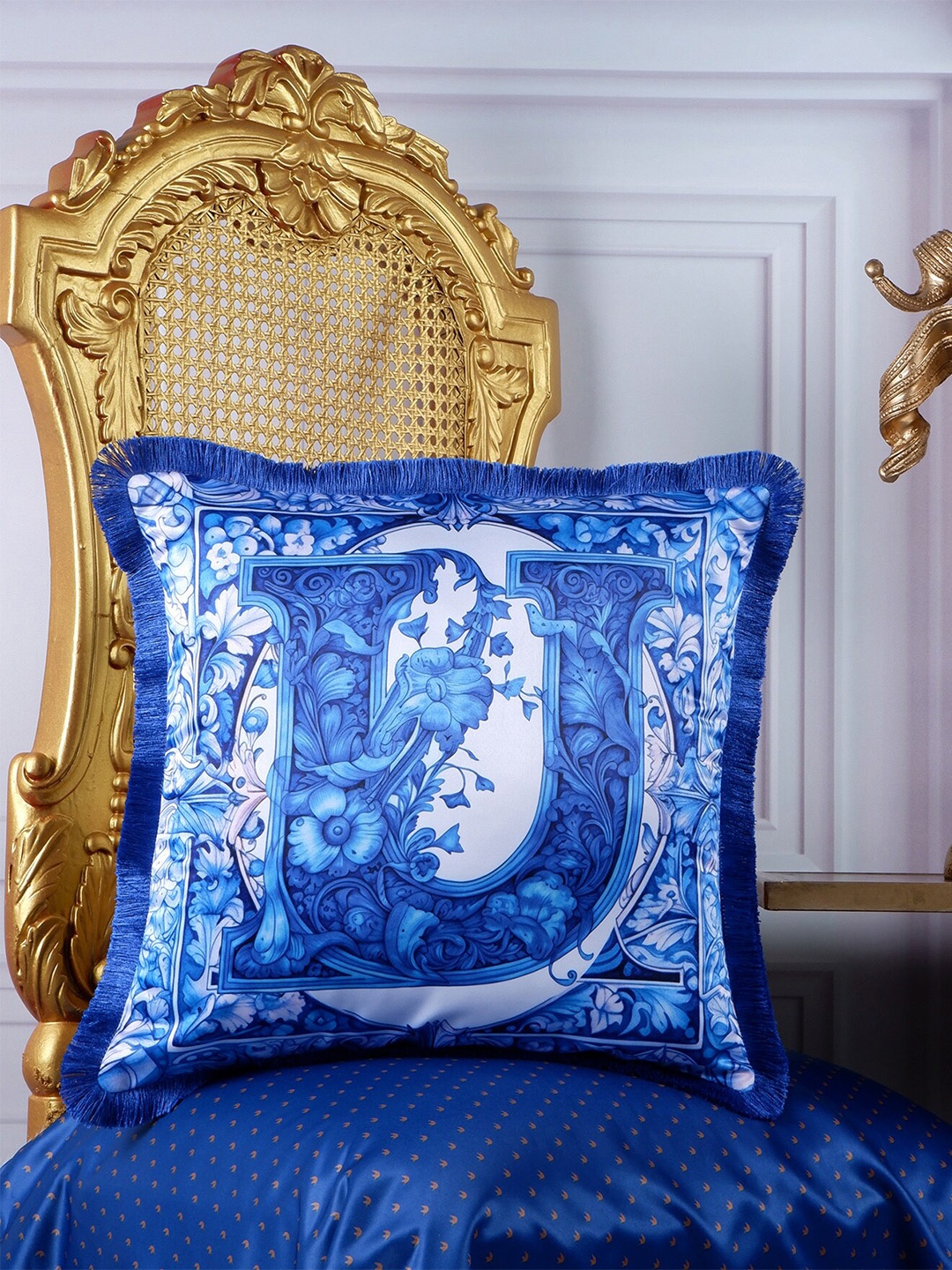 

THE WHITE INK DECOR Indigo Story Blue & White Floral Satin Square Cushion Cover
