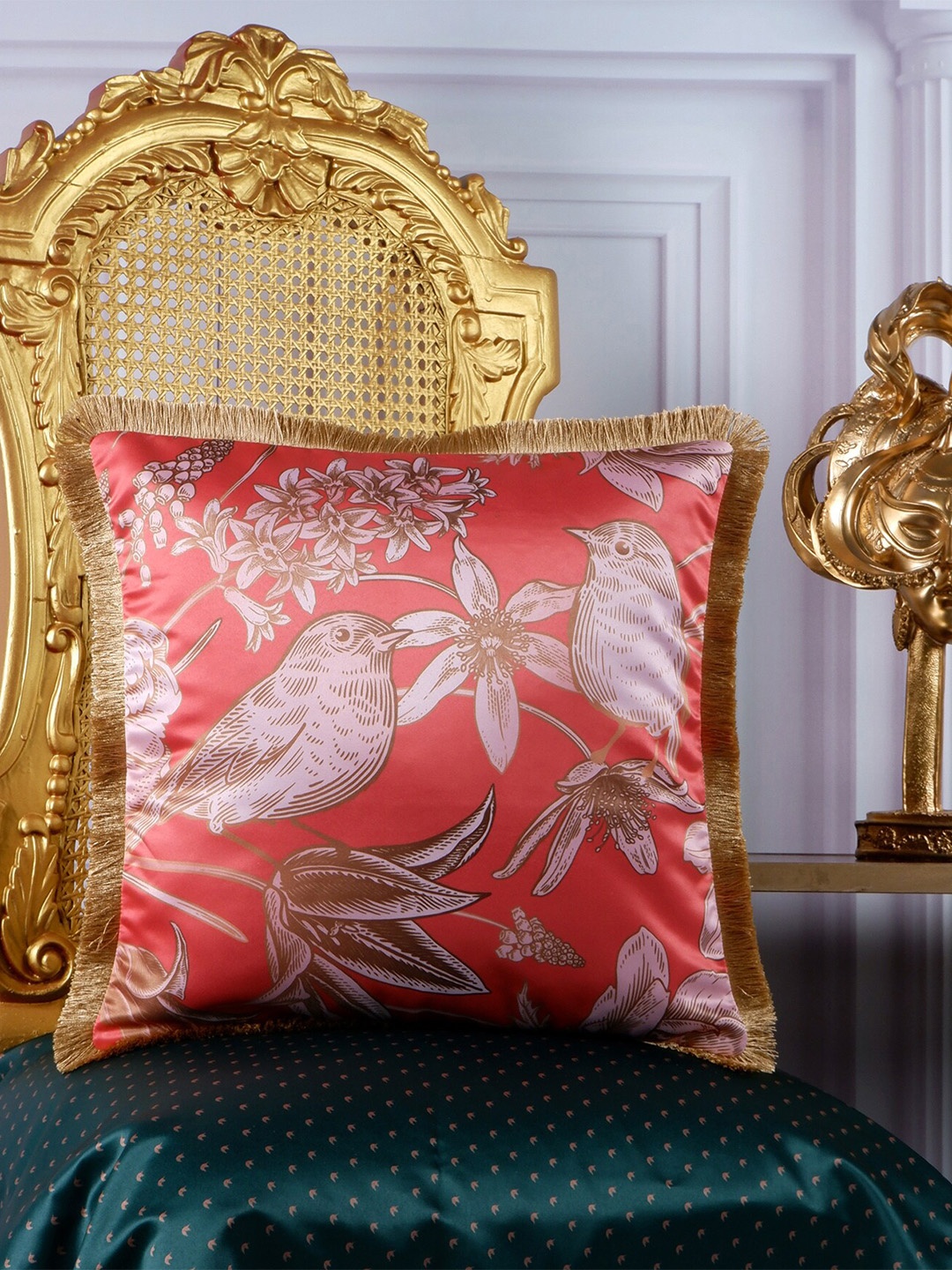 

THE WHITE INK DECOR Eden Coral & Grey Floral Satin Square Cushion Cover