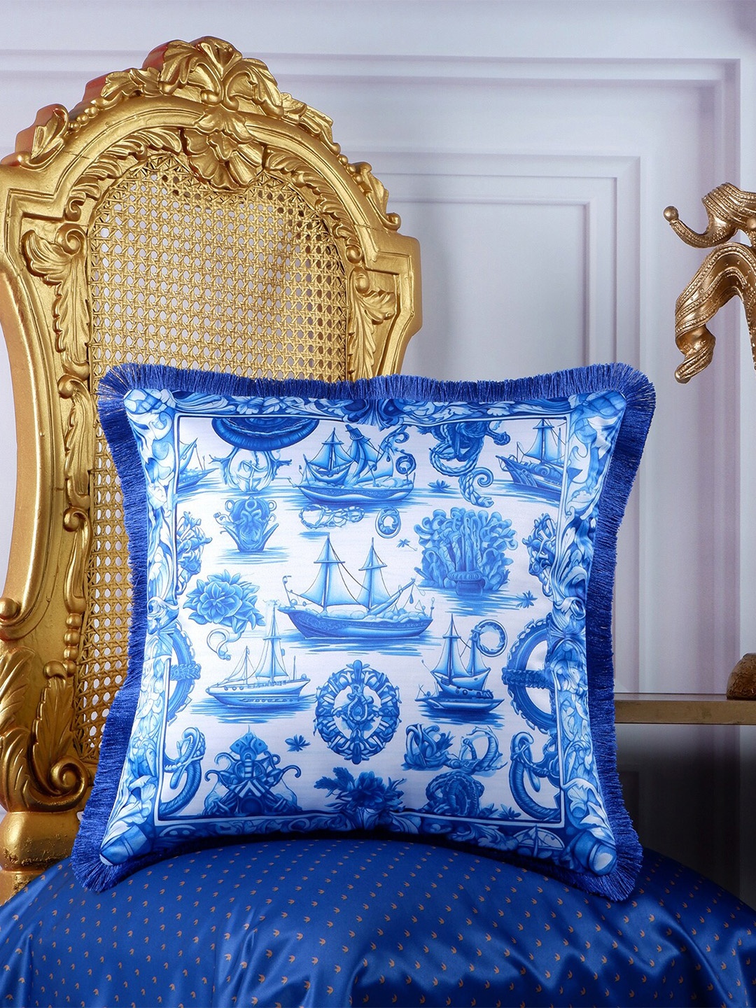 

THE WHITE INK DECOR Indigo Story Blue & White Ethnic Motifs Satin Square Cushion Cover