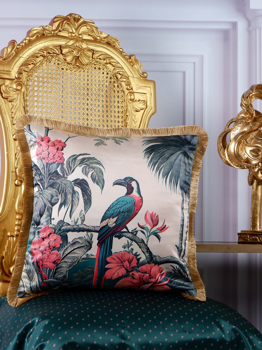 

THE WHITE INK DECOR Tropical Elegance Brown & Navy Blue Floral Satin Square Cushion Cover