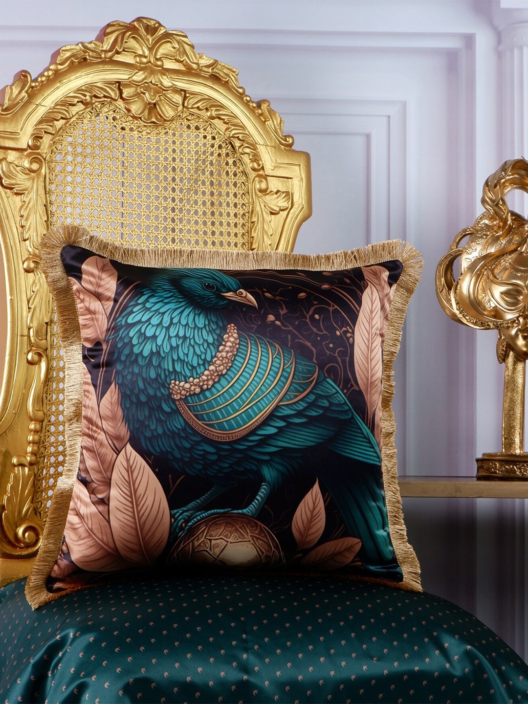 

THE WHITE INK DECOR Tropical Elegance Green & Gold-Toned Ethnic Satin Square Cushion Cover