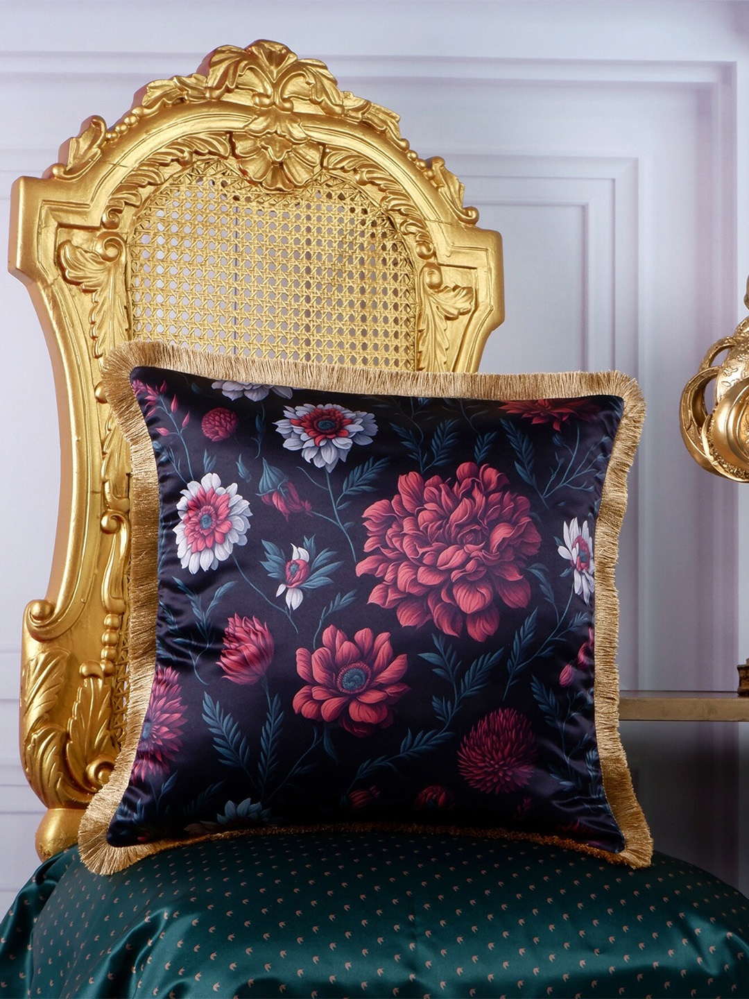 

THE WHITE INK DECOR Eden Navy Blue & Brown Floral Satin Square Cushion Cover