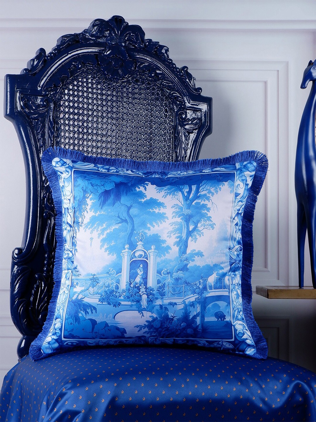 

THE WHITE INK DECOR Indigo Story Blue & White Floral Satin Square Cushion Cover
