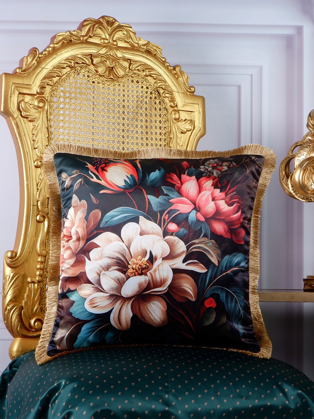 THE WHITE INK DECOR Eden Green & Pink Floral Satin Square Cushion Cover
