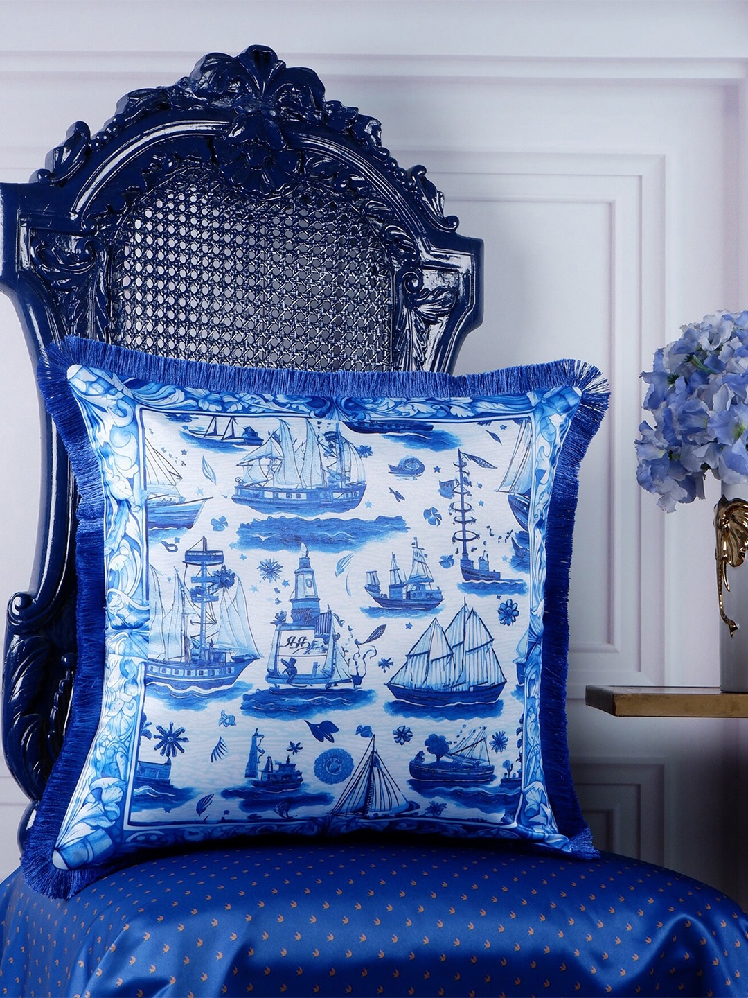 

THE WHITE INK DECOR Indigo Story Blue & White Floral Satin Square Cushion Cover